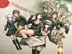  6+boys 6+girls aged_down apron baseball_cap biting biting_own_finger biting_own_thumb black_hair blazer blonde_hair blue_hair bow bowtie braid brown_hair brown_shorts building chage_akio collared_jacket copyright_name danganronpa_(series) danganronpa_kirigiri glasses green_eyes grey_eyes hat highres jacket kirigiri_kyoko komatsuzaki_rui maid maid_apron maid_headdress mifune_meruko minase_yuuzen multiple_boys multiple_girls nanamura_suisei official_alternate_costume official_art pantyhose purple_hair red-framed_eyewear samidare_yui shinsen_mikado shorts sunglasses thigh-highs toyanou_mitsuru twin_braids uozumi_taehime violet_eyes yozuru_sae 