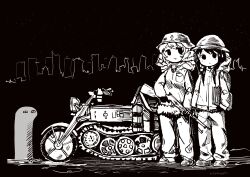  2girls absurdres backpack bag chito_(shoujo_shuumatsu_ryokou) coat commentary_request full_body fur-trimmed_coat fur_trim gloves greyscale gun helmet highres holding holding_gun holding_weapon hood hood_down kettenkrad long_hair looking_at_viewer low_twintails monochrome multiple_girls pants rifle shoujo_shuumatsu_ryokou skyline sleepyowl_(jobkung15) standing twintails weapon yuuri_(shoujo_shuumatsu_ryokou) 