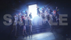  5boys 6+girls :d animal_ear_fluff animal_ears aogiri_eito arm_up asymmetrical_legwear backlighting bare_shoulders black_boots black_coat black_dress black_hair black_jacket black_pants black_shirt black_shoes black_skirt black_streaks black_suit black_thighhighs blue_eyes blue_hair boots bow breasts brown_hair cat_ears coat commentary copyright_name copyright_notice door dress floating_hair from_behind from_below grey_hair hair_bow hand_on_own_hip hands_on_own_chest hands_on_own_knees head_wings heterochromia high_heels hizuki_yui itoi_toi_(neo-porte) jacket jacket_partially_removed juliet_sleeves knee_boots kneeling kohaku_teto konkon_aria kuga_leo large_breasts leaning_forward leg_ribbon long_hair long_sleeves looking_at_viewer looking_back minase_(neo-porte) mismatched_legwear multicolored_hair multiple_boys multiple_girls neo-porte off_shoulder official_alternate_costume open_hand open_mouth orange_hair outstretched_arm pants puffy_sleeves red_eyes red_hair red_ribbon ribbon sample_watermark shibuya_hal shirayuki_reid shirona_shizuku shirt shoes short_hair sikisikiya skirt sleeveless sleeveless_dress smile stairs standing streaked_hair suit tentei_forte thigh-highs thigh_strap violet_eyes virtual_youtuber watermark white_shirt wings yellow_eyes yozuna_niu 