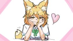  1girl absurdres ahoge animal_ear_fluff animal_ears blonde_hair border commentary_request dot_nose fox_ears fox_girl fox_tail green_ribbon hair_between_eyes half-closed_eyes hands_on_own_cheeks hands_on_own_face head_rest heart highres kudamaki_tsukasa leftame light_blush long_hair_between_eyes looking_at_viewer medium_hair motion_lines pink_border ribbon romper short_sleeves simple_background sketch smirk solo tail touhou upper_body white_background white_romper yellow_eyes 