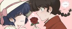  1boy 1girl absurdres black_hair bow braid braided_ponytail chinese_clothes closed_eyes closed_mouth commentary couple english_text face-to-face flower from_side grin hand_up happy hat hat_bow heart hetero highres holding holding_flower jacket korean_text light_blush long_hair looking_at_another low_ponytail pink_background pink_bow ponytail profile ranma_1/2 red_flower red_jacket red_rose rose saotome_ranma saotome_ranma_(male) short_hair sideways_mouth single_braid smile speech_bubble stitched sun_hat sweatdrop tangzhuang tendou_akane thought_bubble translation_request untranslatable_commentary yellow_hat yui_yuyu0 