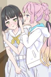  2girls absurdres ahoge anyoji_hime black_ribbon blonde_hair blue_eyes blunt_bangs blunt_ends commentary_request dress flower flower_knot gradient_hair hair_flower hair_ornament hair_ribbon hand_on_another's_shoulder hasu_no_sora_school_uniform highres holding_own_dress hood hood_down hooded_jacket jacket long_hair long_sleeves love_live! love_live!_hasu_no_sora_jogakuin_school_idol_club momose_ginko multi-tied_hair multicolored_hair multiple_girls myrain56991013 neckerchief open_clothes open_jacket open_mouth pink_hair ponytail profile ribbon sailor_collar sailor_dress school_uniform short_sleeves summer_uniform very_long_hair virtual_youtuber whispering whispering_in_ear white_dress white_jacket white_sailor_collar yellow_neckerchief yuri 