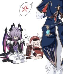  1boy 2girls ahoge anemo_symbol_(genshin_impact) anger_vein angry animal_ears aqua_gem backpack bag belt black_boots black_jacket black_shirt blonde_hair blue_belt blue_capelet blush_stickers boots bow brown_bag brown_gloves capelet child clenched_hands closed_eyes commentary_request creature crossed_arms crossed_bangs crying dodoco_(genshin_impact) dragon_boy dragon_horns dragon_tail dragon_wings dress durin_(genshin_impact) floral_print flying_teardrops from_behind full_body gem genshin_impact gloves gold_trim hands_on_own_knees hat hat_feather hat_ornament highres holding horns huge_ahoge jacket jean_(genshin_impact) kanarisukiebi klee_(genshin_impact) long_hair long_sleeves low_twintails multiple_girls open_clothes open_jacket pants pointy_ears puffy_long_sleeves puffy_sleeves purple_hair rabbit_ears red_dress red_hat sad seiza shirt short_hair sidelocks simple_background sitting socks speech_bubble spoken_anger_vein spoken_squiggle squiggle standing tail turtleneck turtleneck_shirt twintails two-tone_dress vision_(genshin_impact) white_background white_boots white_bow white_dress white_gloves white_jacket white_pants white_socks wings 