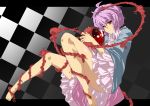  bare_legs barefoot checkered checkered_background eyeball frills highres komeiji_satori letterboxed pink_hair purple_hair red_eyes solo third_eye tomuman touhou upskirt 