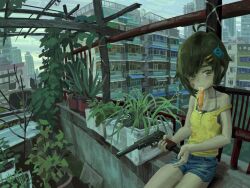  1girl absurdres air_conditioner antenna_hair bandaid bandaid_on_face black_hair cityscape commentary_request concrete denim denim_shorts eating evening floral_print floral_print_shirt food_in_mouth garden green_eyes gun hair_ornament hairclip handgun highres magazine_(weapon) makarov_pm original parted_bangs plant potted_plant print_shirt reloading shanchi shirt short_hair shorts sitting solo suppressor table tank_top weapon 