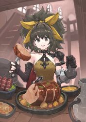  1girl arlin_(sin_chronicle) arm_strap armor big_hair black_collar black_gloves black_hair blurry blurry_background bottle bowl breasts brown_eyes collar collarbone commentary commission eating elbow_gloves eyelashes fantasy fingerless_gloves food gambeson gloves glutton hair_ribbon highres holding holding_bottle holding_knife indoors jun_(navigavi) knife looking_at_viewer making-of_available meat medium_hair o-ring open_mouth pauldrons pitcher_(container) plate ribbon sausage shoulder_armor sin_chronicle single_bare_shoulder single_elbow_glove single_fingerless_glove single_pauldron single_vambrace skeb_commission small_breasts smile solo soup stairs stew teeth topknot tray upper_body upper_teeth_only vambraces vase window yellow_ribbon 