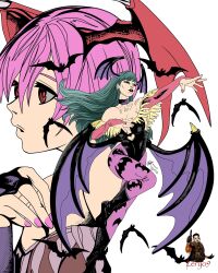 2girls bat_(animal) bat_wings black_boots boots choker fingerless_gloves green_eyes green_hair head_wings leotard lilith_(darkstalkers) morrigan_aensland painted_nails pink_fingernails pink_hair red_eyes succubus very_long_hair zeryo.9