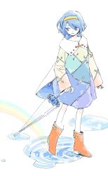  1girl asahi_(uwa) blue_hair boots cape closed_mouth commentary_request dot_nose dress full_body hair_between_eyes hairband heel_up holding holding_umbrella light_blush light_smile long_sleeves looking_down multicolored_dress multicolored_hairband patchwork_clothes puddle rainbow rainbow_gradient rainbow_hairband red_boots short_hair simple_background solo standing tenkyuu_chimata touhou two-sided_cape two-sided_fabric umbrella violet_eyes white_background white_cape zipper zipper_pull_tab 
