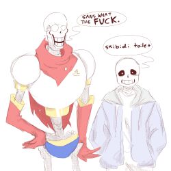  1:1 2024 2boys 2d armor blue_jacket blue_shorts brothers cape comic commentary digital_media drawstring duo english_commentary english_text fairyctrl gloves grey_hood hand_on_own_hip hands_in_pockets height_difference highres hollow_eyes hood hood_down hooded_jacket humanoid jacket long_sleeves male male_focus male_only monster monster_boy multiple_boys open_clothes open_jacket papyrus_(undertale) profanity red_cape red_gloves sans_(undertale) segmented_comic shirt shorts siblings side-by-side simple_background skeleton speech_bubble standing teeth text undead undertale utdr_(toby_fox) white_armor white_background white_shirt yellow_trim 