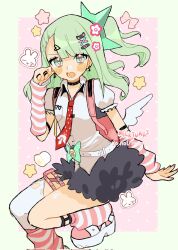 1girl angels_of_delusion aqua_bow arm_warmers armlet backpack bag belt black_armlet black_bow black_choker black_skirt blush border bow bright_pupils choker collared_shirt commentary earrings english_commentary fake_wings feet_out_of_frame flower fluffy_clothes green_border green_eyes green_hair green_pupils hair_ornament hairclip heart heart_hair_ornament high_side_ponytail highres instagram_username jewelry leg_warmers long_hair milktuart miniskirt multicolored_shoes musical_note_earrings nail_polish necktie paw_print pink_arm_warmers pink_background pink_bag pink_bow pink_leg_warmers pink_shoes polka_dot polka_dot_background puffy_short_sleeves puffy_sleeves rabbit red_necktie shirt shoes short_sleeves side_ponytail skirt solo star_(symbol) striped_arm_warmers striped_leg_warmers sunna_(zenless_zone_zero) sweat thigh_strap tie_clip twitter_username two-tone_arm_warmers two-tone_leg_warmers two-tone_shoes white_arm_warmers white_belt white_leg_warmers white_shirt white_shoes white_wings wings zenless_zone_zero 