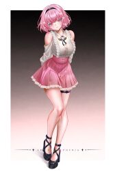  1girl arms_behind_back black_hairband black_shoes bob_cut breasts closed_mouth clothing_cutout collared_shirt commentary flower full_body glasses hair_flower hair_ornament hairband high-waist_skirt high_heels highres hololive hololive_english large_breasts looking_at_viewer mori_calliope mori_calliope_(kawaiiope) official_alternate_costume official_alternate_hairstyle pink_eyes pink_hair pink_skirt platform_heels shirt shirt_tucked_in shoes short_hair shoulder_cutout skirt smile solo standing strappy_heels sylphynia thigh_strap untranslatable_commentary virtual_youtuber white_shirt 