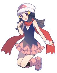  1girl absurdres beanie black_hair black_socks blush boots breasts grey_eyes hair_ornament hairclip hat highres hikari_(pokemon) long_hair looking_at_viewer open_mouth pink_boots pink_skirt poke_ball_print pokemon pokemon_diamond/pearl/platinum red_scarf scarf shirt shocho_(shaojiujiu) simple_background skirt sleeveless small_breasts smile socks solo white_background white_hat 