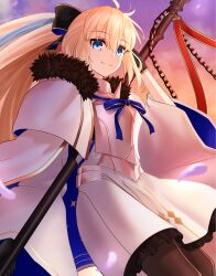 1girl aesc_(fate) aesc_(savior)_(fate) ahoge armor black_bow black_gloves black_pantyhose blonde_hair blue_eyes blue_ribbon bow breastplate cape chest_ribbon closed_mouth cowboy_shot dress eyelashes fate/grand_order fate_(series) fur-trimmed_cape fur_trim gloves hair_bow high_ponytail highres holding holding_behind_back holding_weapon holding_weapon_behind_back kara_hato33 long_hair looking_at_viewer orange_sky pantyhose ponytail ribbon sidelocks sky smile solo two-sided_cape two-sided_fabric two-sided_sleeves weapon white_cape white_dress wide_sleeves 