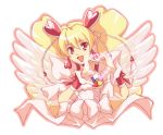  :p angel_wings blonde_hair bow cure_peach earrings fresh_precure! hair_ornament hairpin happy heart inami_(978507) jewelry long_hair magic momozono_love open_mouth precure red_eyes ribbon solo tongue twintails wings wrist_cuffs 