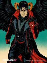  1boy absurdres black_gloves black_hair black_jacket black_pants black_shirt black_vest black_wings blue_background closed_mouth copyright_name devil_jin feathered_wings gloves gradient_background highres horns jacket kazama_jin looking_at_viewer male_focus multicolored_gloves multicolored_jacket myojo_0120 official_art open_clothes open_jacket pants parted_bangs red_eyes red_gloves red_jacket shirt short_hair solo tekken tekken_8 two-tone_gloves two-tone_jacket vest waistcoat white_background wings 