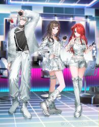  1boy 2girls arm_above_head arm_up belt black_shirt black_streaks blonde_streaks boots breasts brown_hair chain chain_necklace chair commentary compact_(cosmetics) company_name copyright_notice cosmetics crop_top dress dressing_room fold-over_boots full_body fur_jacket genzuki_toujirou grey_hair hair_bun hair_over_one_eye hand_on_own_hip hayase_sou high_heel_boots high_heels holding indoors jacket jewelry lain_paterson leg_warmers long_hair long_sleeves looking_at_viewer midriff mirror multicolored_hair multiple_girls nail_polish navel necklace nijisanji official_alternate_costume official_art pants red_eyes red_hair red_nails red_streaks ring sample_watermark see-through_clothes see-through_sleeves shirt shoes short_hair short_shorts shorts smile streaked_hair thigh_belt thigh_boots thigh_strap ueauwa virtual_youtuber watermark white_background white_boots white_dress white_pants white_shirt white_shoes white_shorts 