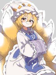  1girl animal_hat blonde_hair blue_tabard blush closed_mouth commentary cowboy_shot dot_nose dress fox_girl fox_tail frilled_dress frills grey_background hands_in_opposite_sleeves hat highres kitsune kyuubi long_sleeves magg_(user_mtca8588) mob_cap multiple_tails outline pom_pom_(clothes) ribbon short_hair simple_background smile solo split_mouth tabard tail touhou white_dress white_hat white_outline white_ribbon white_trim wide_sleeves yakumo_ran yellow_eyes 