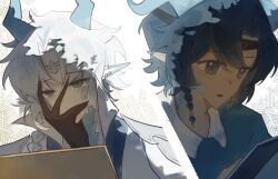  2boys angert_(infinity_nikki) black_gloves black_hair blue_horns blue_scarf blue_shirt blue_tunic bolu_agnes braid brown_headband cape chinese_commentary circlet collar collared_shirt commentary_request covered_mouth crying crying_with_eyes_open dark-skinned_male dark_skin dragon_boy dragon_horns ear_piercing expressionless frown gloves hair_between_eyes hair_over_shoulder hand_on_own_face headband high_collar highres holding holding_tablet_pc horns infinity_nikki long_hair male_focus meghill_(infinity_nikki) multiple_boys nikki_(series) open_mouth parksolian_(infinity_nikki) piercing pointy_ears reading sad scarf shirt short_hair_with_long_locks shoulder_pads side_braid single_braid tablet_pc tears text_messaging tunic upper_body vest white_background white_cape white_hair white_shirt white_vest 