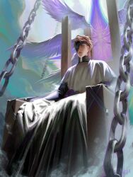  1boy absurdres aizen_sousuke backlighting black_dress bleach bleach:_sennen_kessen-hen bound bound_wrists brown_hair chain chair closed_mouth dress high_collar highres long_dress looking_afar naofaro on_chair one_eye_covered painterly restrained short_hair sitting stationary_restraints wings 