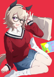  1girl animal_ears black_hairband blue_shorts blush bow breasts collared_shirt commentary_request curren_chan_(umamusume) ear_bow ear_covers glasses grey_hair hair_between_eyes hairband horse_ears horse_girl horse_tail long_sleeves looking_at_viewer nel-c one_eye_closed open_mouth red_bow red_sweater shirt short_hair shorts sitting smile socks solo sweater tail teeth umamusume upper_teeth_only violet_eyes wariza white_shirt white_socks 