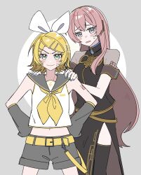  2girls absurdres aqua_eyes belt black_sailor_collar black_shorts black_sleeves black_thighhighs blonde_hair blue_eyes blue_nails bow breasts cowboy_shot detached_sleeves hair_bow hair_ornament hairclip hands_on_another's_shoulders hands_on_own_hips headphones highres kagamine_rin large_breasts looking_at_viewer megurine_luka midriff multiple_girls navel neckerchief nisui57 number_tattoo parallel_hairclips pink_hair sailor_collar see-through_clothes see-through_sleeves shirt short_hair shorts sleeveless sleeveless_shirt sleeves_past_fingers sleeves_past_wrists small_breasts tattoo thigh-highs treble_clef vocaloid white_bow white_shirt winged_headphones yellow_belt yellow_neckerchief yellow_trim 