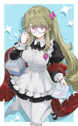  1girl apron aqua_background basket black_dress black_shoes blonde_hair border borrowed_character bow breasts cherry_(miggs) collared_dress commentary commission dress drop_shadow eyelashes fingernails foot_out_of_frame frilled_apron frills glasses grin hair_bow hand_up highres holding holding_basket incoming_gift juliet_sleeves jun_(navigavi) large_breasts long_fingernails long_hair long_sleeves looking_at_viewer maid maid_apron making-of_available multiple_boys nose original outside_border pantyhose pink-framed_eyewear pink_bow pink_eyes plaid_clothes plaid_scarf pocket_tissue puffy_sleeves red_scarf round_eyewear scarf shoes sidelocks simple_background skeb_commission smile solo sparkle sparkling_eyes standing standing_on_one_leg teeth very_long_hair white_apron white_border white_pantyhose 