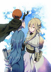  3boys arm_armor black_cape black_gloves blue_hair cape clenched_hand commentary_request fire_emblem fire_emblem_awakening from_behind gaius_(fire_emblem) gloves green_eyes libra_(fire_emblem) long_hair looking_ahead looking_at_viewer multiple_boys orange_hair riputon short_hair smile trap virion_(fire_emblem) 
