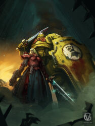  1boy 1girl absurdres adepta_sororitas adeptus_astartes armor bolter from_below full_armor helmet highres holding holding_bolter holding_shield holding_sword holding_weapon imperial_fists over_shoulder power_armor power_sword shield size_difference smoke sword sword_over_shoulder victor_g._art warhammer_40k watermark weapon weapon_over_shoulder white_hair 