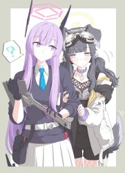  2girls ? absurdres animal_ears black_gloves black_hair blue_archive blue_necktie blush charm_(object) collar collared_shirt commentary_request dog_ears dog_girl dog_tail fishnet_pantyhose fishnets gloves goggles goggles_on_head hair_bobbles hair_ornament halo hariyaa hibiki_(blue_archive) highres holding holding_wrench jacket long_hair long_sleeves multiple_girls necktie open_clothes open_jacket pantyhose purple_collar purple_hair shirt sidelocks simple_background skirt spoken_question_mark tail twintails two-tone_background utaha_(blue_archive) very_long_hair violet_eyes white_jacket white_shirt wrench 