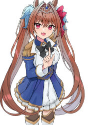  1girl absurdres animal_ears black_bow black_thighhighs blue_jacket blue_skirt blush bow breasts brown_hair center_frills commentary_request daiwa_scarlet_(peak_blue)_(umamusume) daiwa_scarlet_(umamusume) epaulettes fang frills garter_straps hair_intakes highres horse_ears horse_girl jacket juliet_sleeves large_breasts layered_legwear layered_skirt long_hair long_sleeves looking_at_viewer mel7 open_mouth puffy_sleeves red_eyes shirt skin_fang skirt smile solo thigh-highs tiara twintails umamusume very_long_hair white_shirt white_skirt white_thighhighs 