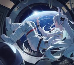  1girl alternate_costume animal_ear_hairband animal_ear_headphones animal_ears astronaut blue_archive boots bow closed_eyes commentary commission earth_(planet) eye_contact fake_animal_ears floating full_body grey_hair hair_bow hairband halo headphones highres lens_flare long_hair looking_at_another missing_halo miyako_(blue_archive) one_side_up planet rabbit_ear_hairband rabbit_ear_headphones rabbit_ears solo space spacesuit thank_you um_111 very_long_hair white_boots white_hair zero_gravity 