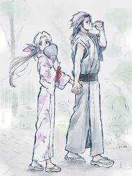  1boy 1girl aerith_gainsborough after_bathing black_hair black_sash blue_eyes bottle brown_hair commentary_request couple drinking final_fantasy final_fantasy_vii final_fantasy_vii_remake final_fantasy_vii_revelation floral_print floral_print_kimono from_side full_body green_eyes grey_kimono hair_ribbon hand_fan height_difference hetero highres holding holding_bottle holding_fan holding_hands japanese_clothes kimono long_hair long_sleeves looking_at_viewer looking_to_the_side low_ponytail medium_hair ninnin5tora parted_lips pink_ribbon ponytail print_kimono profile ribbon sandals sash signature sleeves_rolled_up spiky_hair walking white_kimono yukata zack_fair 