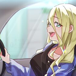  1girl :d aqua_eyes black_shirt blonde_hair blue_jacket blurry blurry_background car_interior collarbone commentary hair_between_eyes jacket kimi_no_koto_ga_dai_dai_dai_dai_daisuki_na_100-nin_no_kanojo long_hair long_hair_between_eyes long_sleeves looking_at_viewer open_clothes open_jacket open_mouth seatbelt shirt signature smile solo steering_wheel syuuka617 teeth upper_body upper_teeth_only watermark yamato_nadeshiko_(hyakkano) 