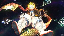  1boy artist_name blonde_hair chinese_commentary commentary_request crying dated fate/grand_order fate_(series) goggles goggles_on_head highres looking_at_viewer male_focus scarf signature space spacesuit star_(sky) tears voyager_(fate) yellow_scarf yoruhasu_gekkei 
