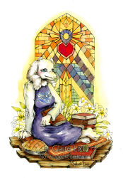  1girl 2018 2d animal_ears animal_nose anthro artist_name barefoot blue_eyes body_fur book breasts claire8783 closed_mouth delta_rune_(symbol) delta_rune_print droopy_ears eyelashes fangs female female_only floppy_ears flower food full_body furry furry_female goat goat_ears goat_girl goat_horns heart heart_print highres holding holding_book horns long_sleeves mammal monster monster_girl pastry pie print_robe purple_robe red_soul_(utdr) robe signature simple_background sitting skin_fangs solo soul_(utdr) stained_glass toriel traditional_media undertale utdr_(toby_fox) watercolor_(medium) watermark white_background white_fur white_horns white_sleeves 