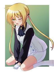  1girl :o ;o absurdres ascot asymmetrical_gloves between_legs black_ascot black_gloves black_shirt blonde_hair blush border brooch collared_shirt commentary english_commentary full_body gloves green_background green_eyes hair_between_eyes hand_between_own_legs hayate_no_gotoku! highres jewelry kneehighs leaning_forward long_hair long_sleeves lostorder mismatched_gloves no_shoes one_eye_closed open_mouth outside_border sanzen'in_nagi shirt shorts sidelocks simple_background sitting sleepy socks solo straight_hair twintails v_arms very_long_hair vest wariza white_border white_gloves white_shorts white_socks white_vest yawning 