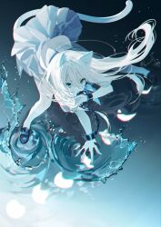  1girl animal_ears black_shoes blue_eyes cat_ears cat_girl cat_tail chained_wrists chromatic_aberration commentary_request floating_hair hand_on_floor highres interlocked_fingers kneehighs long_hair miwano_rag original reflection reflective_liquid shoes skirt socks standing standing_on_liquid tail white_hair white_socks 