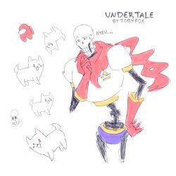  1:1 1boy 2024 2d among_us annoying_dog armor blue_shorts boots commentary crewmate_(among_us) digital_media english_commentary fairyctrl gloves highres humanoid male male_focus male_only monster monster_boy papyrus_(undertale) red_(among_us) red_boots red_gloves red_scarf sans_(undertale) scarf shorts simple_background skeleton solo teeth undead undertale utdr_(toby_fox) white_armor white_background yellow_trim 