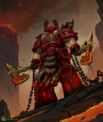  1boy adeptus_astartes armor biceps breastplate chain_axe chaos_space_marine dual_wielding full_body highres holding horns khorne_berserker lava muscular muscular_male pauldrons power_armor red_armor shoulder_armor solo standing victor_g._art warhammer_40k world_eaters 