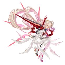  1girl adapted_costume ahoge blonde_hair closed_mouth commentary dual_wielding floating_hair from_side full_body hair_ornament hairclip highres holding holding_sword holding_weapon long_hair looking_at_viewer pants phoenix_reffaella rovermeow shirt shoes simple_background solo sword untranslatable_commentary weapon white_background white_pants white_shirt white_shoes yellow_eyes zenless_zone_zero 