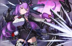  1girl absurdres arknights arknights:_endfield barach bare_shoulders black_gloves black_horns black_overskirt bow_(weapon) commentary_request demon_horns detached_sleeves framed_breasts gloves highres holding holding_bow_(weapon) holding_weapon horns lantern long_hair long_sleeves low_twintails overskirt pink_eyes purple_hair solo tail teeth thigh-highs twintails typhoeus_(arknights) typhon_(arknights) weapon 
