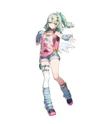  1girl absurdres arm_warmers backpack bad_source bag bare_shoulders green_eyes green_hair green_leg_warmers hair_ornament hairclip highres leg_warmers looking_at_viewer official_alternate_costume pink_bag pink_shirt pink_tank_top randoseru shirt short_shorts shorts single_thighhigh solo standing striped_arm_warmers sunna_(delusions_in_business)_(zenless_zone_zero) sunna_(zenless_zone_zero) tank_top thigh-highs thigh_strap transparent_background white_wings winged_bag wings zenless_zone_zero 