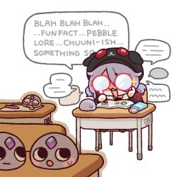  1girl adjusting_eyewear book cardigan chair commentary desk drooling english_commentary glasses hair_flaps hat highres hololive hololive_english koseki_bijou_(serafuku) long_hair mochigome_(h0_pj) open_mouth pebble_(koseki_bijou) purple_hair red-framed_eyewear sleeping smile sparkle virtual_youtuber 