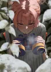  absurdres aroused_nosebleed bath_yukata binoculars blonde_hair blood blood_on_clothes blood_on_face blue_archive blush commentary_request crazy_smile female_pervert grey_kimono grin halo highres holding holding_binoculars japanese_clothes kimono nodoka_(blue_archive) nodoka_(hot_spring)_(blue_archive) nosebleed official_alternate_costume pervert red_eyes sanpaku smile striped_clothes striped_kimono ubeuna vertical-striped_clothes vertical-striped_kimono yukata 