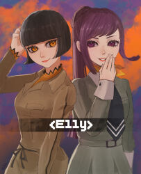  2girls age_comparison black_hair character_name closed_mouth commentary_request dual_persona grin highres kasipan66 kirishima_eriko long_hair looking_at_viewer multiple_girls necktie orange_eyes orange_scarf persona persona_1 persona_2 ponytail purple_hair scarf school_uniform short_hair smile st._hermelin_school_uniform time_paradox violet_eyes 