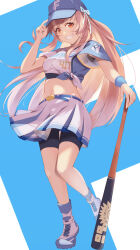  1girl adjusting_clothes adjusting_headwear ankle_boots baseball_bat baseball_cap baseball_uniform belt bike_shorts bike_shorts_under_skirt black_shirt blue_belt blue_hat blue_shirt boots brown_hair cinderella_series clenched_teeth commentary_request enuno_(nuno0099) hachigatsu_no_cinderella_nine hair_ribbon hat highres hokkaido_nippon-ham_fighters long_hair midriff multicolored_shirt navel orange_eyes planted_baseball_bat ribbon shiina_yukari_(hachigatsu_no_cinderella_nine) shirt short_sleeves skirt smile solo sportswear standing standing_on_one_leg teeth tied_shirt white_ribbon white_shirt white_skirt wristband 