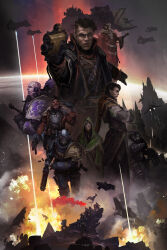  2girls 6+boys absurdres adeptus_arbites adeptus_astartes aiming aiming_at_viewer armor bolter breastplate chaos_space_marine character_request cloak coat commentary double-barreled_shotgun eddygonzlezdvila explosion flag full_armor green_cloak gregor_eisenhorn gun handgun helmet highres holding holding_bolter holding_gun holding_weapon inquisition_(warhammer) multiple_boys multiple_girls orbital_strike pauldrons power_armor projectile_trail red_coat shell_casing shotgun shoulder_armor spacecraft trench_coat warhammer_40k weapon 