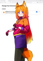  1girl absurdres animal_ears black_pantyhose blonde_hair commentary english_commentary firefox-tan fox_ears fox_girl fox_tail gloves gruppe highres long_hair mozilla_firefox multicolored_hair multicolored_sweater orange_hair orange_sweater os-tan pantyhose purple_gloves purple_skirt purple_sweater red_hair skirt solo sweater tail user_interface violet_eyes 