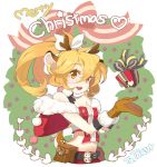  animal_ears belt blonde_hair bow breasts christmas cleavage copyright_request deer_ears deer_tail gift gloves heart long_hair midriff navel open_mouth ponytail ribbon solo tail taruk yellow_eyes 