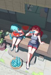  2girls aqua_hair bottle commentary_request drill_hair drinking eating flip-flops food fruit hatsune_miku highres holding holding_bottle holding_food holding_fruit kanbaru_mitsuki kasane_teto long_hair melon melon_slice multiple_girls ramune red_eyes red_hair sandals shirt short_shorts shorts sitting sleeveless sleeveless_shirt slippers summer twin_drills twintails utau vocaloid 
